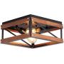 Rustic Farmhouse Flush Mount Light Fixture Two-Light Metal and Wood Square Flush Mount Ceiling Light for Hallway Bedroom Kitchen Entryway, Black