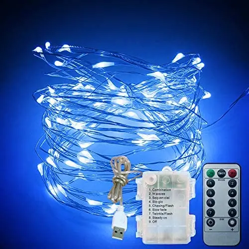 XDlight Blue Christmas Lights, 33 Ft 100 LED Fairy String Lights, USB Battery Operated with Remote Control, 8 Modes Decoration Rope Light for Indoor Outdoor Bedroom Garden.etc XDlight Blue Christmas Lights, 33 Ft 100 LED Fairy String Lights, USB Battery Operated with Remote Control, 8 Modes Decoration Rope Light for Indoor Outdoor Bedroom Garden.etc