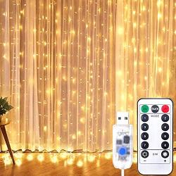 Tiandirenhe Window Curtain Fairy String Lights, 9.8x9.8FT 300 LED USB Powered Waterproof, 8 Lighting Modes with Hooks , Remote Control Timer for Bedroom Wedding Party Home Indoor Outdoor (Warm White)