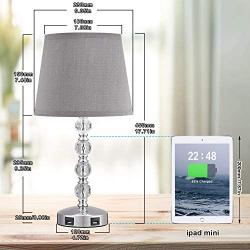 Touch Control 3 Way Dimmable Cute Crystal Table Lamp with 2 USB Charging Ports, Acaxin 17Inch Bedside Light with Mordern Gray Shade, Small Bed Lamp for Bedroom, Living Room, Guest Room(Bulb Included)