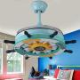 Lighting Groups 42 Inch Blue Reversible Ceiling Fan Lights Pirate Ship Steering Wheel LED Retractable Fan Chandelier for Kids Room Dining Room Livingroom Ceiling Lights Children Bedroom Stealth Ceiling Light with Fans (Blue)