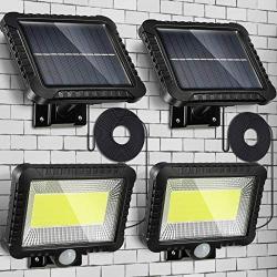 2pcs Solar Lights Outdoor, Waterproof Human Body Induction Solar Powered Wall Lamp 100 LED Spotlight, 5 m/ 16.4 ft Cord Easy-to-Install Security Lights with Adjustable Solar Panel for Garden Garage