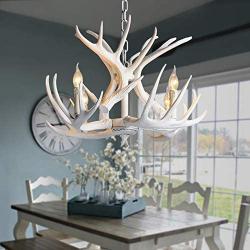 NIUYAO Retro Farmhouse Candle Style Resin Deer Antler White Chandeliers Faux Antler Fixture 4 Light Matching Chain Creative Pendant Light for Living Room Restaurant Bar Cafe Dining Rooms 494843