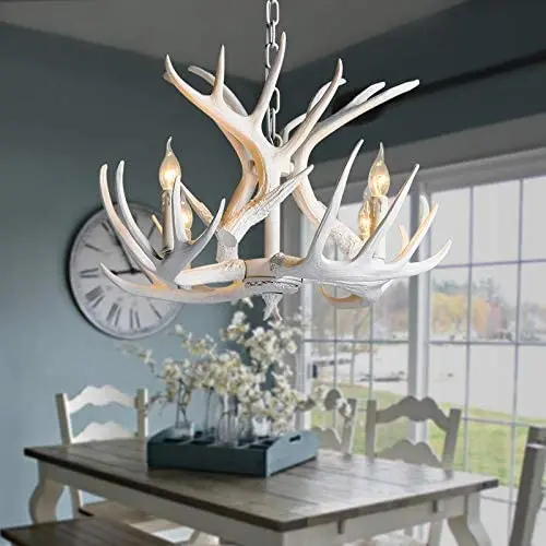 NIUYAO Retro Farmhouse Candle Style Resin Deer Antler White Chandeliers Faux Antler Fixture 4 Light Matching Chain Creative Pendant Light for Living Room Restaurant Bar Cafe Dining Rooms 494843 NIUYAO Retro Farmhouse Candle Style Resin Deer Antler White Chandeliers Faux Antler Fixture 4 Light Matching Chain Creative Pendant Light for Living Room Restaurant Bar Cafe Dining Rooms 494843