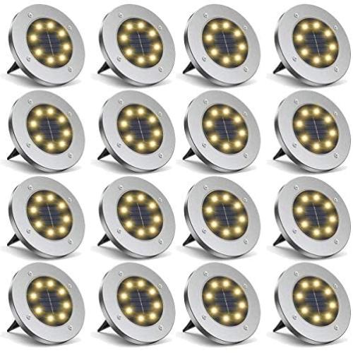 LCARED Solar Ground Lights,Disk Lights Outdoor Waterproof 8 LED Landscape Lighting Solar Powered Garden Lights for Pathway, Yard, Deck, Patio, Walkway (16 Packs Warm White) …