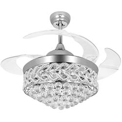 YEELED Light 42'' Remote Control Retractable Reversible Ceiling Fans with 3 Changing Light and 6-Gear Speed Invisible Crystal Ceiling Fan Chandelier for Indoor Living Room Bedroom Dining Room Ceiling Light Kits with Fans (Silver)