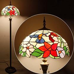 Tiffany Style Floor Standing Lamp W16H64 Inch Tall Stained Glass Hummingbird Design Lampshade 2E26 Antique Reading Light Resin Base S101 WERFACTORY Lamps Bedroom Living Room Bedside Table Lover Gifts