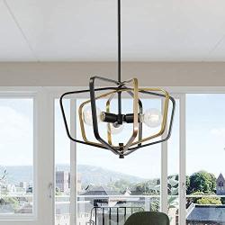 VINLUZ Industrial Vintage 3 Light Iron Metal Pendant Ceiling Light Fixtures Matte Black and Gold Kitchen Island Chandelier Hanging for Dining Room Entryway Hallway