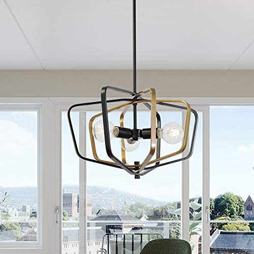 VINLUZ Industrial Vintage 3 Light Iron Metal Pendant Ceiling Light Fixtures Matte Black and Gold Kitchen Island Chandelier Hanging for Dining Room Entryway Hallway