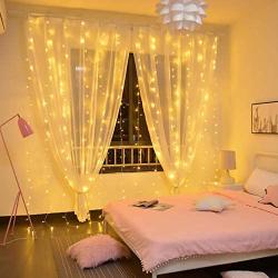 Hanging Window Curtain Lights 9.8 Feet Dimmable and Connectable with 300 Led, Remote, 8 Lighting Modes, Timer for Bedroom Wall Holiday Party Indoor Outdoor Decor, Warm White (Curtain is Not Included)