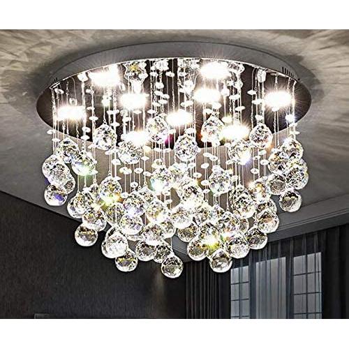 7PM Crystal Chandelier Ceiling Light Flush Mount Modern Round Raindrop Light Fixture for Dining Room Bedroom Hallway