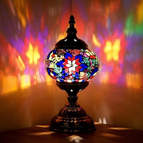 Turkish Moroccan Lamp Marrakech Handmade Mosaic Glass Table Desk Bedside Lamp Night Light for Living Room Bedroom Coffee Table (Blue)