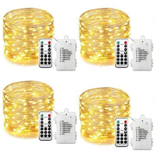 Fairy Lights Battery Operated LED String Lights with Remote 4 Pack 33FT 100 LED 8 Modes Waterproof Silver Wire Firefly Lights for Bedroom Christmas Party Weeding Garden Home Decoration (Warm White)