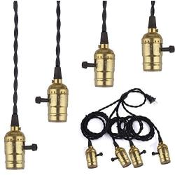 4 Vintage Light Sockets Pendant Hanging Light Cord Kit with Switches, E26/E27 Solid Industrial Lamp Sockets Cord for Kitchens/Dining Rooms/Bars/Restaurants (Gold)