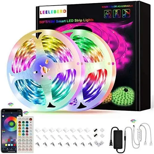 50ft Led Strip Lights, Leeleberd Music Sync Color Changing Led Light Strips, App Control and Remote, Led Lights for Bedroom Living Room Party Home Decoration
