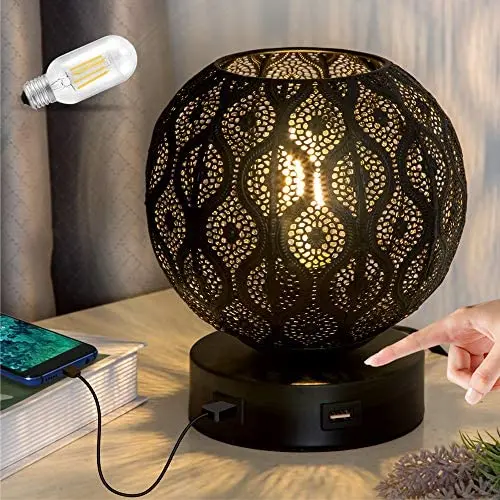 Lifeholder Bedside Lamp, Modern Globe Touch Lamp with Dual USB Ports, 3 Way Dimmable Table Lamp Include Edison Bulb, Decorative USB Lamps for Bedroom,Living Room,Office (Black)