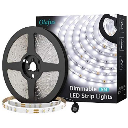 Olafus 16.4ft LED Strip Lights Daylight White, Dimmable LED Vanity Light, 12V Flexible Under Cabinet Tape Lighting, 5m 300 LEDs 2835, 6000K Cool White LED Strip Indoor Vanity Mirror Bedroom Kitchen