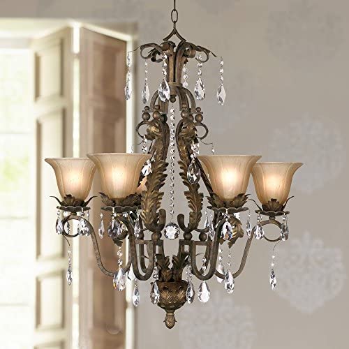 Iron Leaf Roman Bronze Chandelier 29'' Wide Crystal Cream Glass Shade 6-Light Fixture for Dining Room House Foyer Kitchen Island Entryway Bedroom Living Room - Regency Hill