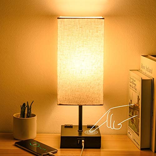Touch Control Table Lamp with 2 USB Charging Ports, 2 AC Outlet, 3 Way Dimmable Bedside Nightstand Lamp Modern Desk Lamp Reading Lamp with Fabric Shade for Bedroom Living Room Office (Bulb Included)