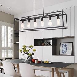 VINLUZ Rectangular Metal Chandelier,6 Light Black Linear Industrial Pendant Lights Cage Island Ceiling Lighting Fixture for Dining Room Kitchen