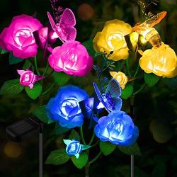 Solar Garden Lights Outdoor, 3 Pack Path Figurine Stake Lights with 9 Rose Flowers, Color Changing Decorative LED Landscape Lights Solar Powered Waterproof for Patio Yard Pathway Walkway Christmas