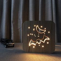 Creative 3D Animal Wooden Desk Lamp, LED Table Light with USB Power Cartton Nightlight Home Bedroom Decor Lamp, Gift for Kids Children Adult Bedroom Living Room Nightstand (Bat)