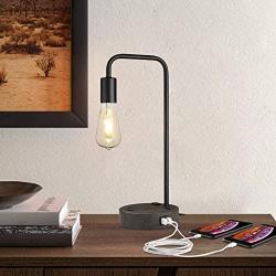 ELYONA Industrial Table Lamp with 2 USB Charging Ports-2 Power Outlets-Vintage Edison ST64 E26 Bulb Included, Grey Metal Bedside Desk Lamp for Bedroom, Living Room, Dorm