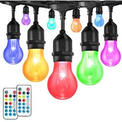 Elfeland LED Outdoor String Lights 48FT RGB Multicolor String Lights Dimmable Hanging Lights Patio Lights Backyard Lights Party Lights with 15Pcs Shatterproof LED Bulb & 2 Remote Controls