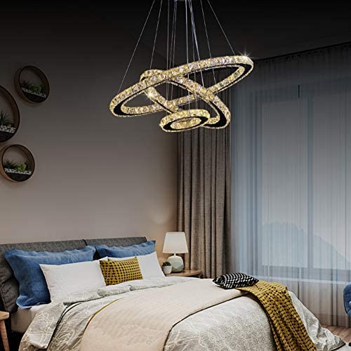 Crystal Chandelier, 27.5'' x 19.6'' x 11.8'' Dining Room Living Room Modern LED Ceiling Pendant Light Contemporary 3 Rings Adjustable Stainless Steel Lighting Fixtures