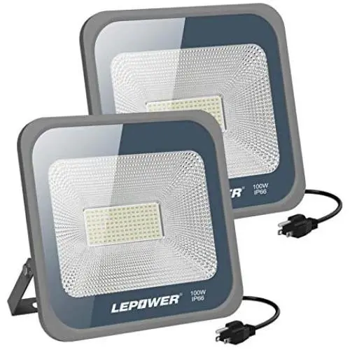 LEPOWER 50W LED Flood Light Outdoor, Work Light with Plug, IP66 Waterproof Outdoor LED Lights Super Bright 5000lm 6000K White Light for Yard, Garden, Party (2 Pack)