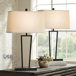 Cole Modern Table Lamps Set of 2 with USB Charging Ports Black Metal White Rectangular Shade for Living Room Bedroom Bedside Nightstand Office Family - 360 Lighting