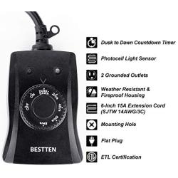 BESTTEN Outdoor Timer with Photocell Light Sensor and 2 Grounded Outlets, Dusk to Dawn and Countdown Modes, Weatherproof Plug In Switch for Holiday Decoration, Christmas Lights and Outdoor Lighting