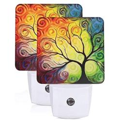 Set of 2 Led Night Lights, Rainbow Tree of Life Oil Painting Art Auto Dusk-to-Dawn Sensor Night Lamp Plug-in Home Decorative for Adult