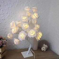 24LEDs Table Lamp Lights 14.4Ft Desk Light Flower Rose Tree Two Mode Powered via USB Port and Battery for Home Decorations Home Decor Whtie Rose Color Lights