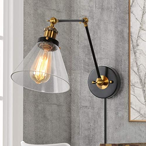LNC Swing Arm Wall Sconce Plug in or Hardwire Lamp for Bedroom, Desk, Office, Clear Glass LNC Swing Arm Wall Sconce Plug in or Hardwire Lamp for Bedroom, Desk, Office, Clear Glass