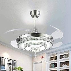 BIGBANBAN Crystal Ceiling Fan with Light and Remote,4-Blades Retractable Fans Chandelier,LED Indoor Fans Ceiling for Dining Room/Bedroom 42 inch (Sliver)