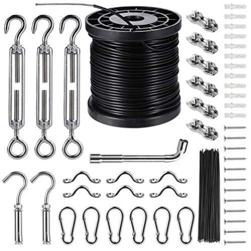 String Lights Hanging Kit,Globe String Lights Suspension Kit,Outdoor Light Guide Wire,Includ 164 FT Nylon-Coated Stainless Steel Wire Rope Cable,Turnbuckle and Hooks,Enough Accessories,Use Manual