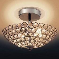 SUNLIHOUSE Elegant 2 Light Bowl Shaped Chrome Finish Metal Crystal Chandelier,Flush Mount Ceiling Light Fixture for Bedroom Living Room