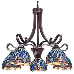 Capulina Tiffany Dining Room Light 5-Light Stained Glass Chandeliers Hanging Light Dragonfly Dining Table Lights Vintage Style Chandelier Kitchen Lighting