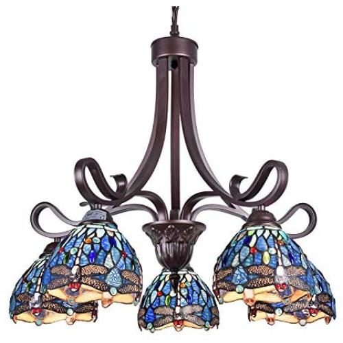 Capulina Tiffany Dining Room Light 5-Light Stained Glass Chandeliers Hanging Light Dragonfly Dining Table Lights Vintage Style Chandelier Kitchen Lighting