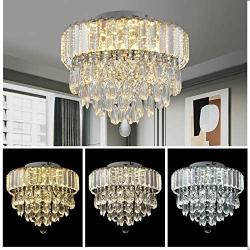 LED Crystal Ceiling Light Dining Room 11.8'' 3 Way Dimmable Contemporary Teardrop Crystal Chandelier 5 Tiers Flush Mount Close to Ceiling Lighting Bedroom Living Room Entryway(3000+4000+6000K)