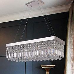 AROTIKEE Modern Rectangle Crystal Chandelier Pendant Hanging Lighting for Dining Room Table Kitchen Island Rain Drops Contemporary Art Deco Decorative Light Fixture 31.5'' Chrome