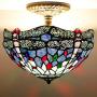 Tiffany Ceiling Fixture Lamp W12H11 Inch Semi Flush Mount Light Stained Blue Dragonfly Shade Antique Style WERFACTORY S004 Series Art Lamps Kitchen Island Bar Hallway Living Room Dining Room Loft