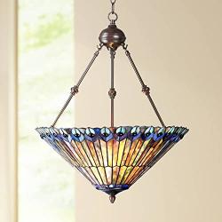 Peacock Glass Bronze Tiffany Pendant Chandelier 20'' Wide Modern Stained Glass 3-Light Fixture for Dining Room House Foyer Kitchen Island Entryway Bedroom Living Room - Robert Louis Tiffany