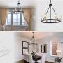 Wellmet Wagon Wheel Chandelier, 25'' 6-Light Rustic Modern Chandelier, Black Hanging Circle Round Pendant Ceiling Lighting Fixture for Dining Living Room, Kitchen Island Table, Foyer, Bedroom