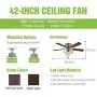 Fansose Indoor Ceiling Fan,Industrial Ceiling Fan with E26 Light,Fan Lights Pull Switch,42-inch Fan Light for Bedroom and Dining Room,Wood Fan Blades,Brushed Bronze Reversible Motor ELT Test.