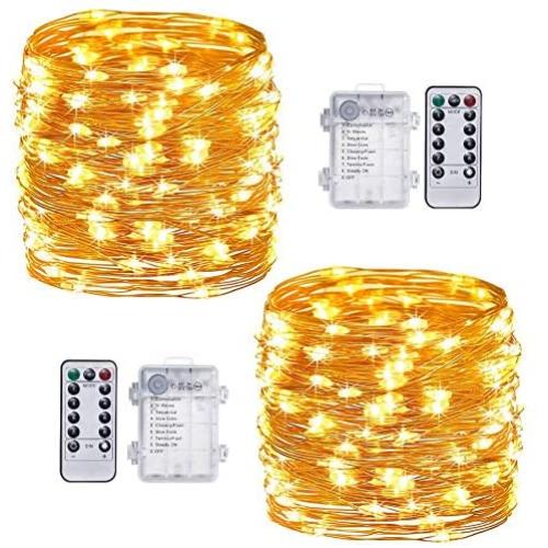 TingMiao Fairy Lights Battery Operated String Lights with Remote Control Timer, 33Ft 100 LED Waterproof 8 Modes Copper Wire Twinkle String Lights for Bedroom Indoor, Warm White,2 Pack