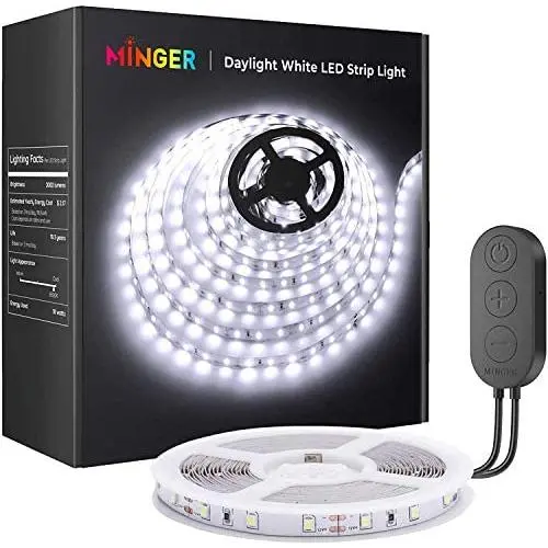 MINGER White LED Strip Lights, 16.4ft Dimmable Strip Lights Kit with 6500K Bright White Daylight, 300 LEDs for Vanity Mirror, Wardrobe, Dressing Table, Under Cabinet, Kitchen MINGER White LED Strip Lights, 16.4ft Dimmable Strip Lights Kit with 6500K Bright White Daylight, 300 LEDs for Vanity Mirror, Wardrobe, Dressing Table, Under Cabinet, Kitchen
