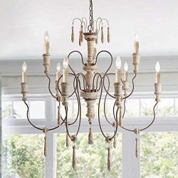 LALUZ A03483 Farmhouse Wood Chandeliers for Dining Rooms 9 Distressed French Country Lighting, D39 xH38