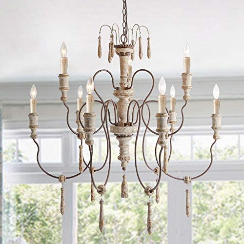 LALUZ A03483 Farmhouse Wood Chandeliers for Dining Rooms 9 Distressed French Country Lighting, D39 xH38